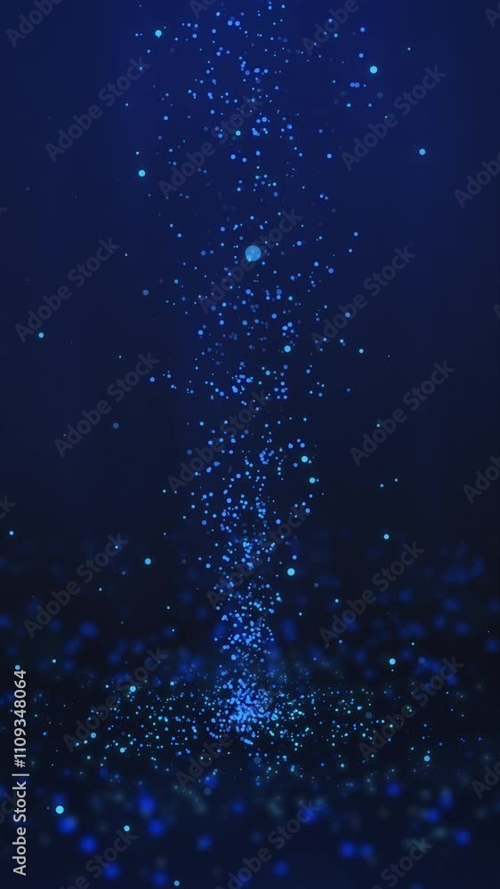 Poster blue tornado at the center of particles twirling on the ground and flying in the air with light rays