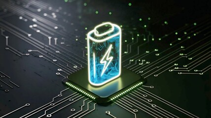 A vibrant image of a glowing battery icon on a circuit board, representing energy and technological advancement.