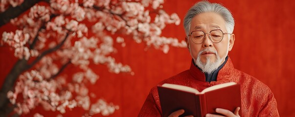 Fototapeta premium 2025 Chinese New Year festival family concept. A serene older man in traditional attire reads a book, surrounded by soft pink blossom against a vibrant red background.