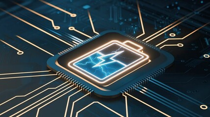 A glowing battery icon with a lightning bolt, set against a circuit board background. Ideal for tech, science, and innovation themes.