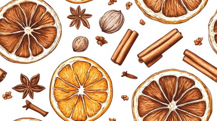 Seamless pattern featuring hand drawn spices including star anise hazelnut dried orange slice and cinnamon stick on a white background