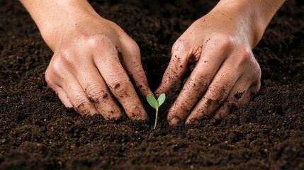 Hands planting a young seedling into rich soil, symbolizing growth, nurturing, and environmental sustainability.