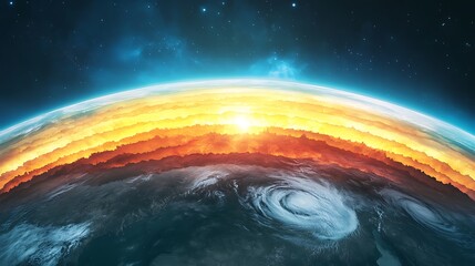 Obraz premium View of Earth's atmosphere showcasing vibrant colors and swirling weather patterns during sunrise