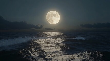 A serene night seascape illuminated by a full moon reflecting on the water.