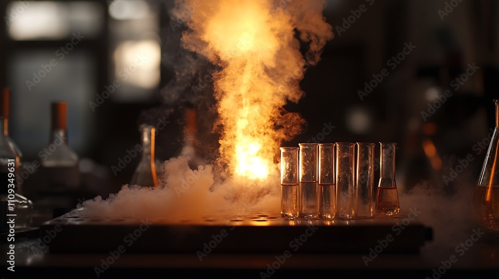 Poster experiment involving a bunsen burner with test tubes and smoke in a laboratory setting during evenin