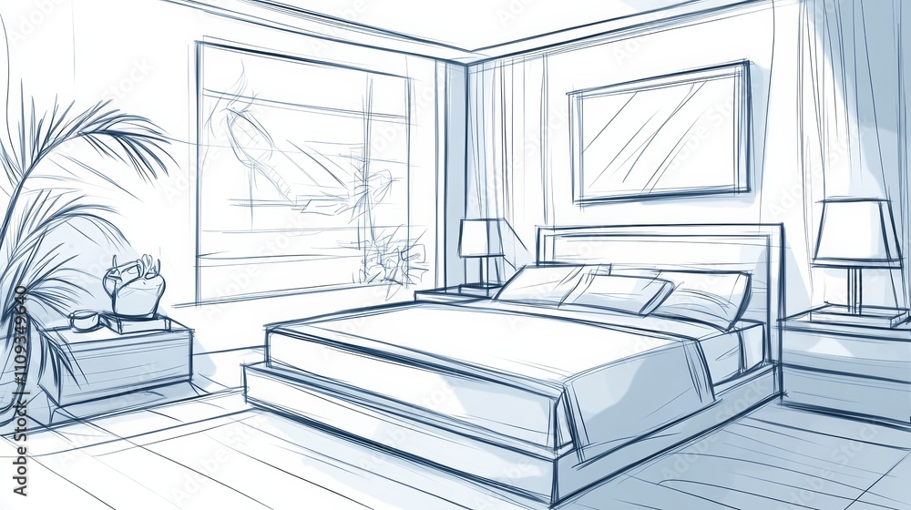 Aufkleber hand drawn final design of a bedroom showcasing custom furniture and spatial elements using colored 