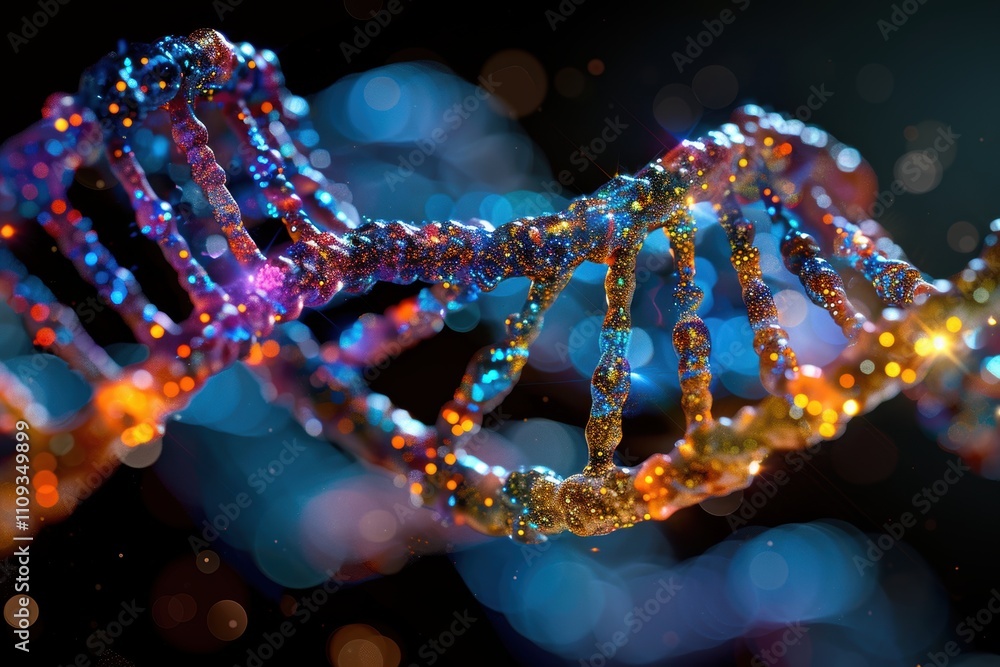 Poster a colorful representation of a dna double helix with glowing elements.