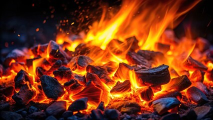 Burning and glowing hot coals in a dark background, creating a mesmerizing flicker of light , embers, fire, coals, hot, glowing