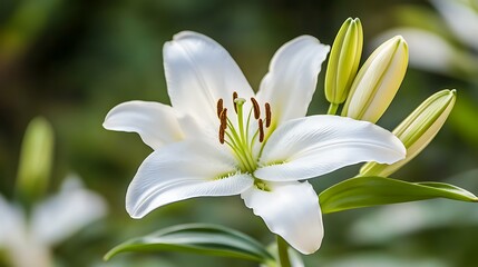 A close-up of a white lily flower with green buds in a natural setting.