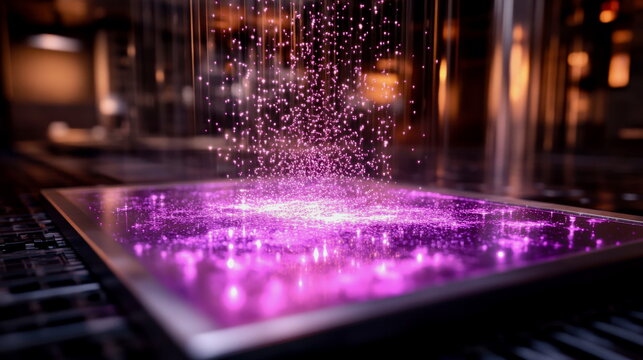 A holographic scatter plot with glowing points floating in 3D space