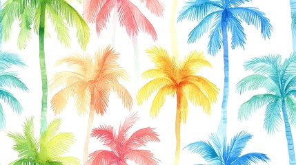 Obraz premium Seamless watercolor pattern featuring colorful palm trees swaying in a gentle breeze perfect for tropical themed designs relaxation summer vibes
