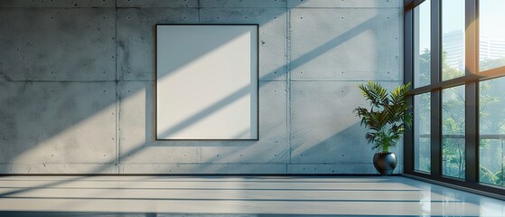 Contemporary Office Space with Empty Poster Frame and Bright Sunlight