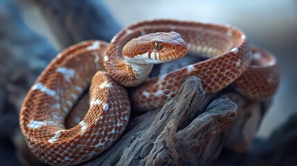 Naklejka premium A close-up of a coiled snake resting on a branch.