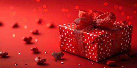 Obraz premium Red polka-dotted gift box with a satin ribbon surrounded by small hearts on a vibrant red background, creating a romantic mood