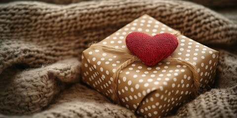 Obraz premium Kraft gift box with white polka dots and a knitted red heart on a soft knitted background, evoking warmth and intimacy
