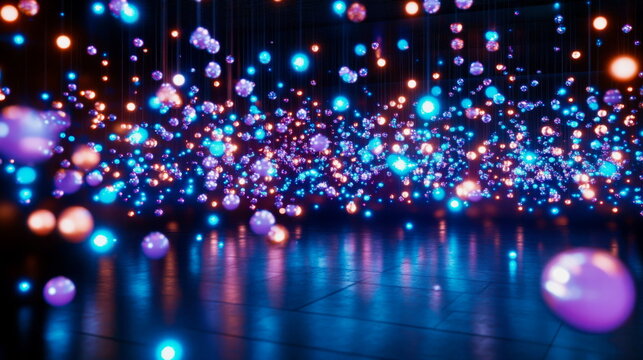 A holographic scatter plot with glowing points floating in 3D space