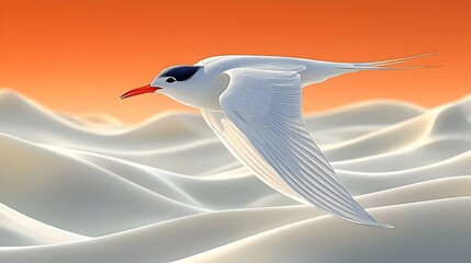 A stunning white bird with a striking red beak gracefully flies over a serene ocean landscape, bathed in warm orange and cream tones, evoking a sense of tranquility and freedom.