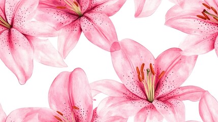 Seamless pink lily flower pattern on a clean white background vibrant watercolor illustration