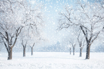 Snow falling on snow-covered trees in a field.