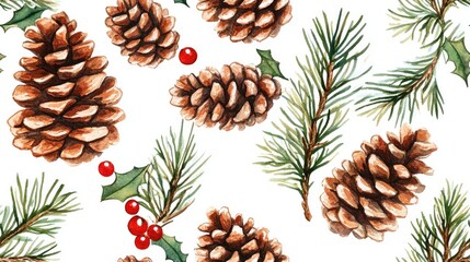 Obraz premium Seamless watercolor pattern of coniferous and holly branches with cones ideal for festive Christmas decor in eco friendly Scandinavian style