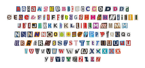 big set of cut-out english png alphabet from magazines on a transparent background, retro y2k ransom style