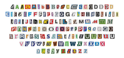 big set of cut-out english png alphabet from magazines on a transparent background, retro y2k ransom style