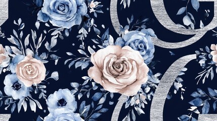 Seamless pattern featuring silver letter G intertwined with a watercolor floral bouquet in navy blue ideal for wedding invitations and decor