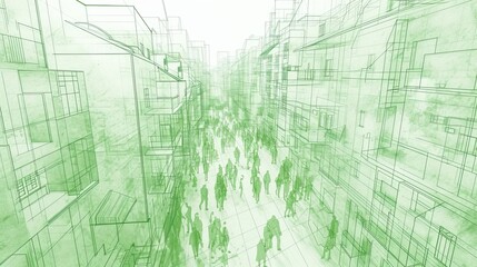 Obraz premium Abstract green cityscape layered with transparent architecture, merging futuristic urban planning with an environmental focus. AI generated.