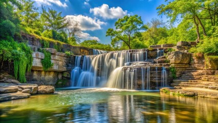 Obraz premium Landscape waterfall in McKinney Roughs Nature Park on a sunny day, waterfall, nature, scenic, Texas, park, outdoor, beautiful