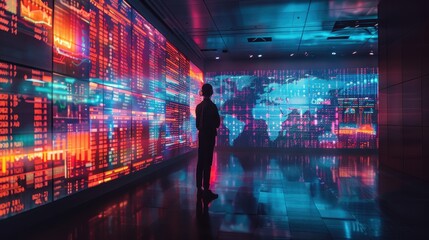 A person stands in a high-tech room, illuminated by vibrant digital screens displaying data, graphs, and a world map in a futuristic setting.