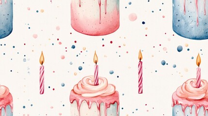 Candle cake watercolor illustration in a seamless pattern for birthday celebrations ideal for fabrics prints invitations card designs