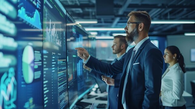 Business man depicted corporate executive leading team of business professional through critical business transformation project ensuring smooth implementation alignment strategic goal hightech office