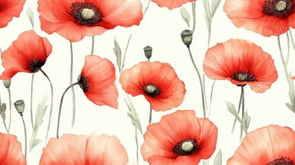 Obraz premium Seamless watercolor pattern featuring hand drawn red poppies on a soft pastel background ideal for textile design home decor and stationery