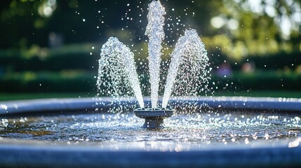 Sunlit water fountain with sparkling drops in park