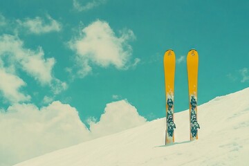 Yellow ski equipment on a snow-covered mountain with alpine views and a vintage filter. AI generated illustration