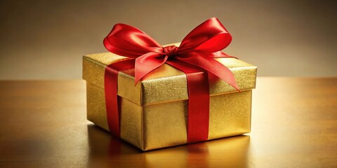Shiny golden gift box with a red ribbon bow , present, luxury, celebration, holiday, surprise, special occasion