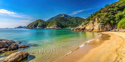Obraz premium Beautiful sandy beach in Hong Kong with clear blue waters and rocky cliffs in the background, Hong Kong, beach, sand, water