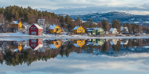 Colorful Houses by the Water in Norway with Mountain Reflections. AI generated illustration