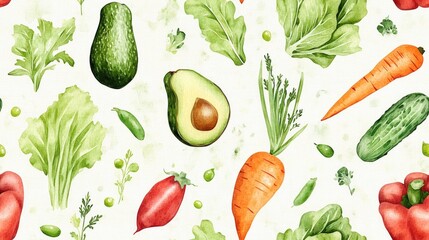 Seamless watercolor pattern featuring fresh vegetables including lettuce avocado carrot pepper and peas perfect for fabric design or food related decor