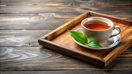 Cup of tea on wooden tray with leaf, tea, cup, wooden tray, leaf, relaxation, beverage, cozy, morning, drink, rustic, cozy, warm