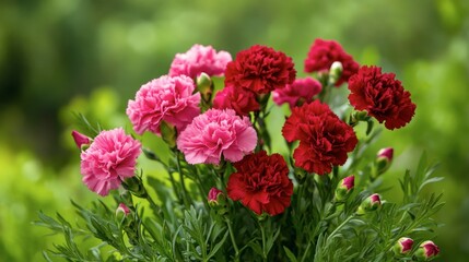 Colorful Bouquet of Pink and Red Carnations in Natural Background