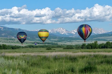 Obraz premium A colorful hot air balloon floating over endless lavender fields at sunrise, soft golden light illuminating the flowers. Gentle mist in the background. 