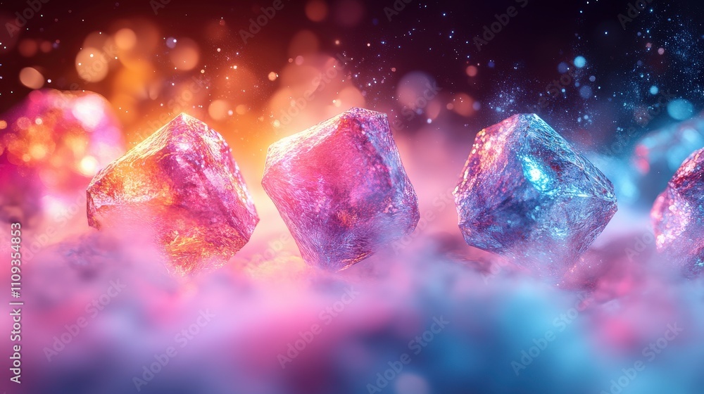 Poster stunning close-up of colorful crystal cubes surrounded by mystical fog, vibrant colors and sparkling