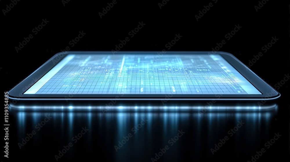 Poster futuristic digital tablet with interactive display glowing in low light, showcasing technology and i