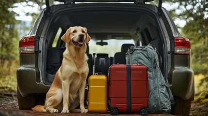 Happy Yellow Labrador in SUV Trunk with Travel Bags. AI generated illustration