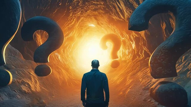 Journey into the unknown a man facing glowing mystery question marks in a tunnel