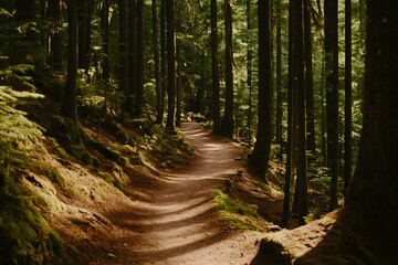 Fototapeta premium Cinematic shot of a scenic hiking trail winding through a lush forest, with sunlight filtering through the trees