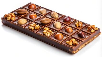 A close-up shot of a delicious chocolate bar filled with crunchy nuts, chocolate, nuts, sweet, dessert, treat, snack