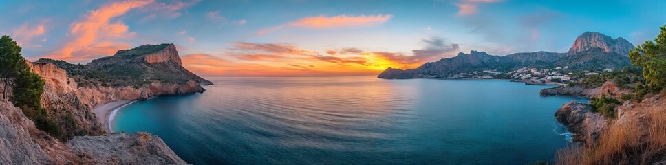 Fototapeta premium Panoramic View of Colorful Sunset Over the Sea with Mountains in the Background, AI generated illustration