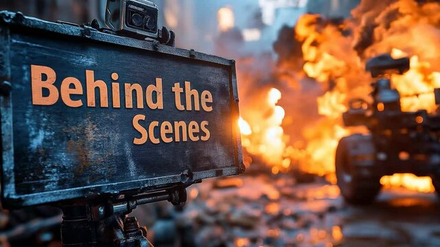 Behind the scenes of an explosive film set with a camera crew in action